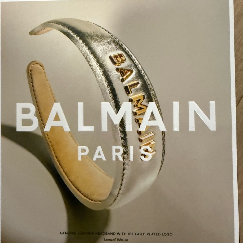 Genuine Leather and 18K Gold Plated Balmain Logo Metallic Silver Headband